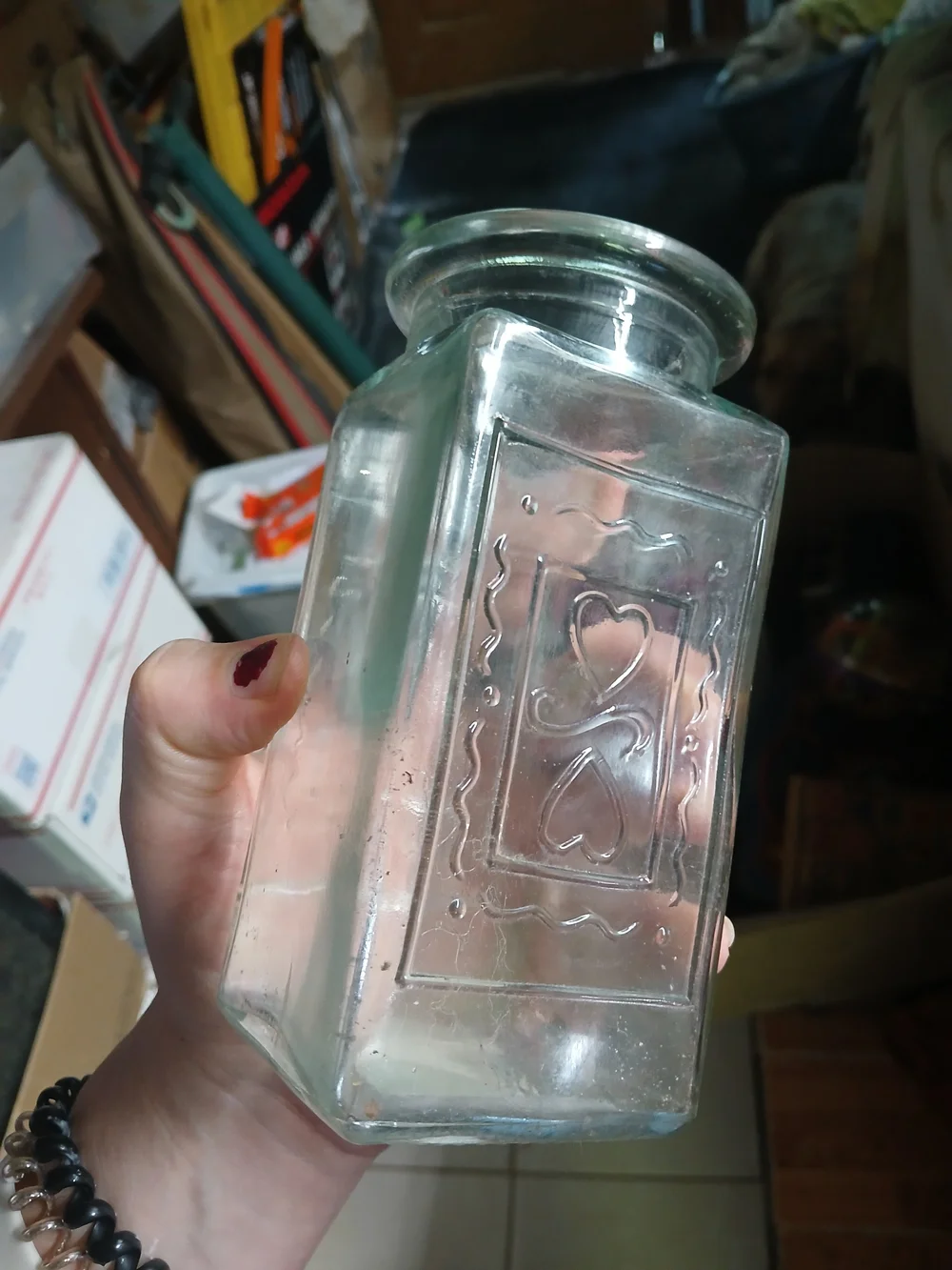 vintage square clear glass storage canister, possibly from brands like Anchor Ho
